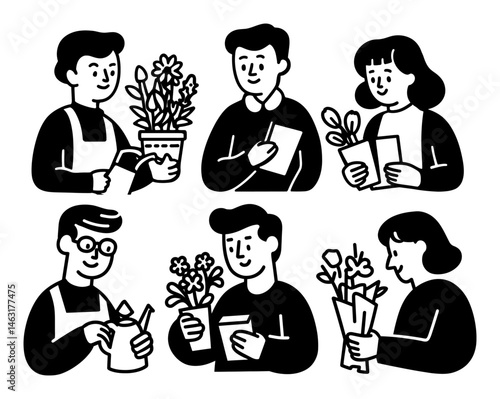 Cartoon Illustrations of People Engaging with Plants and Flowers