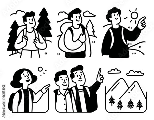 Cartoon Doodle Illustrations of Hiking Adventures and Nature Scenes