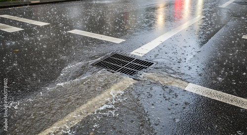 Urban Drainage System Handling Heavy Rainfall On Asphalt Streets During Storm