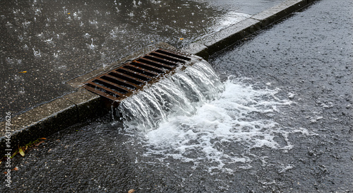 Rainwater Flowing Into a Storm Drain on a Wet Pavement Road