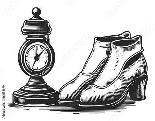 Vintage Engraving of Clock and Classic Shoes with Elegant Design