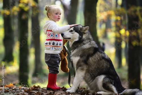 Child walking with dog. Kid playing with dog in autumn park. Child girl hugging cute Husky. Kid and dog. Child with pet husky. Cute puppy in fall foliage. Fluffy dog and child portrait. Dogs friends.