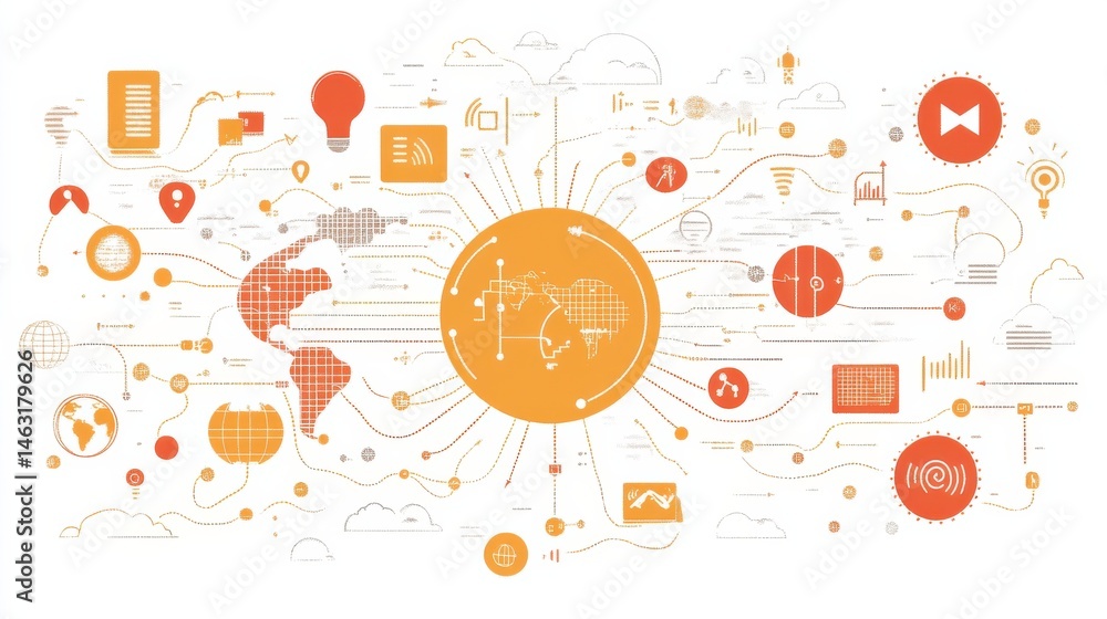 Obraz premium Global Network of Technology and Communication Representations with Various Icons and Symbols
