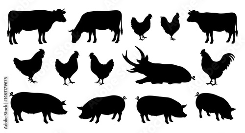 Farm animal silhouette cow pig chicken beetle