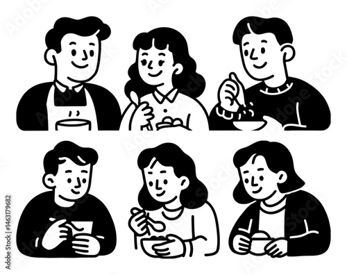 Fun Cartoon Characters Enjoying Meals Together in a Doodle Style