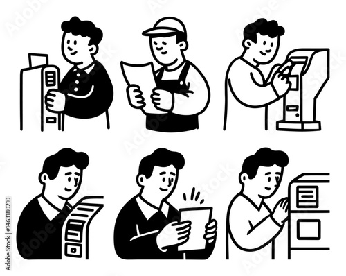 Fun Cartoon Doodles of Characters Engaging with Technology and Papers