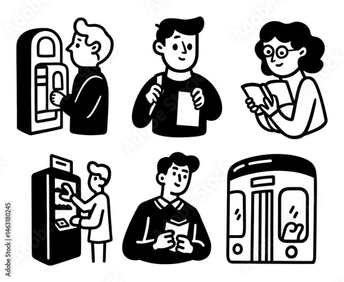 Black and White Cartoon Doodles of People in Everyday Activities