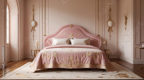 Elegant hotel suite in baby pink and gold with regal grand bed and classic aristocratic furnishings for luxury palace style interior decor Luxurious Bedroom Interior Design