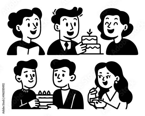 Whimsical Cartoon Doodle of People Celebrating with Cakes and Gifts