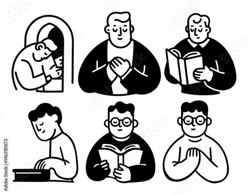 Charming Black and White Cartoon Doodles of Reading and Reflection