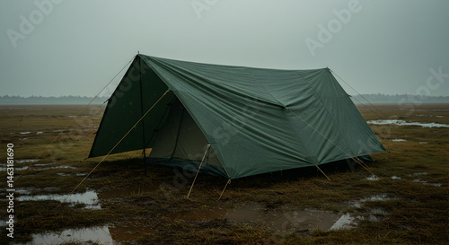 Serene Camping Retreat Under Gloomy Sky On A Misty Wilderness Backdrop