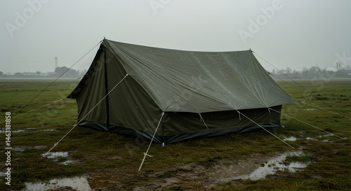 Eerie Scene Of An Olive Tent Pitched On A Wet Grassy Field