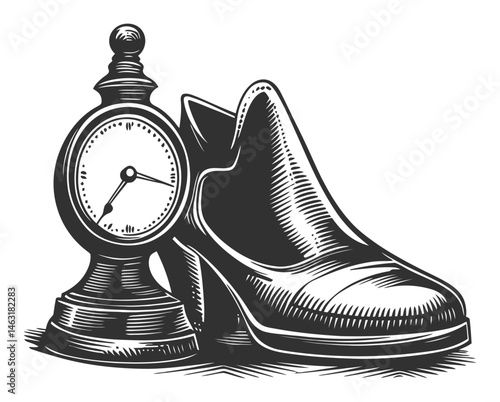 Vintage Shoe and Clock Engraving with Detailed Illustrative Style