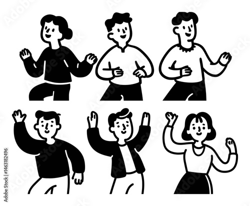 Playful Cartoon Doodle of Diverse People Engaging in Joyful Movements