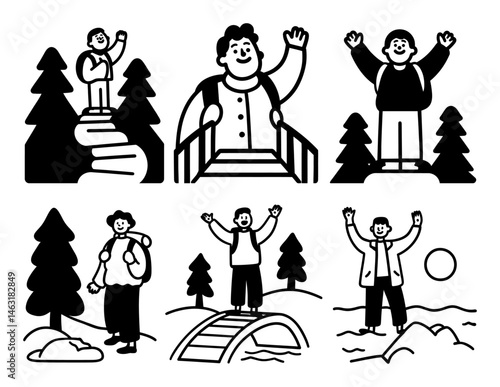 Cheerful Cartoon Characters Enjoying Nature Activities in Doodles