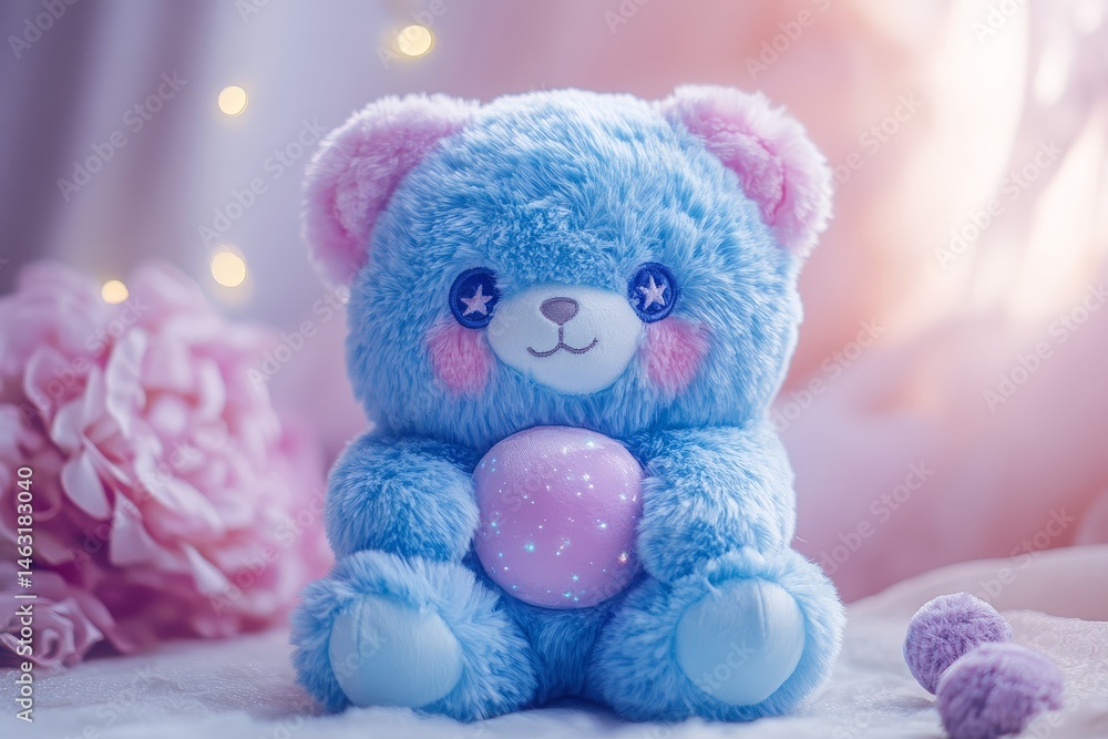 Fluffy galaxy bear cub with starry fur holding a moon plushie, cosmic and cute celestial creature design. Fluffy galaxy bear cub with starry fur holding a moon plushie, cosmic and cute celestial creature design.