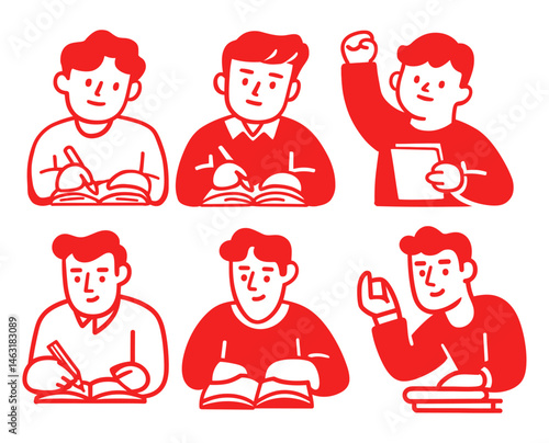 Red Cartoon Doodle of Young Boys Engaged in Learning Activities