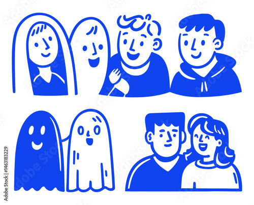 Fun Cartoon Doodle of People and Ghost Characters with Smiles