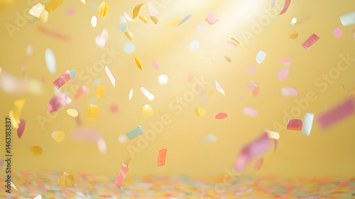 Pastel birthday celebration with confetti and balloons cheerful party background in butter yellow