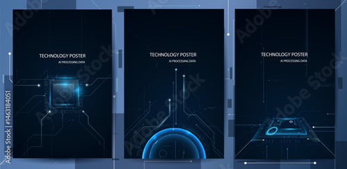 AI Technology Poster Set, Deep Learning Concept with Processing Data AI. Blue Circuit CPU background