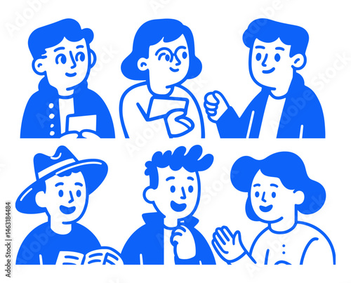 Blue Cartoon Doodles of People Engaging in Various Interactions