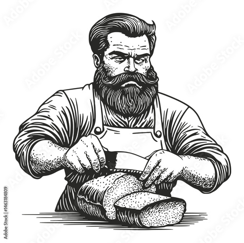 Vintage Engraving of Bearded Baker Slicing Fresh Bread with Knife