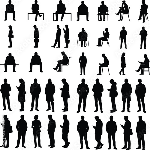 People Waiting Silhouette Set | Standing & Sitting Poses Silhouettes of Waiting People | Queue, Bus Stop, Crowd Icons