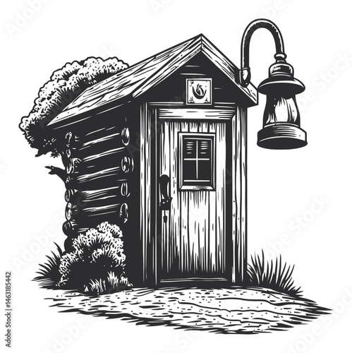 Rustic wooden cabin with lantern and shrubbery illustration