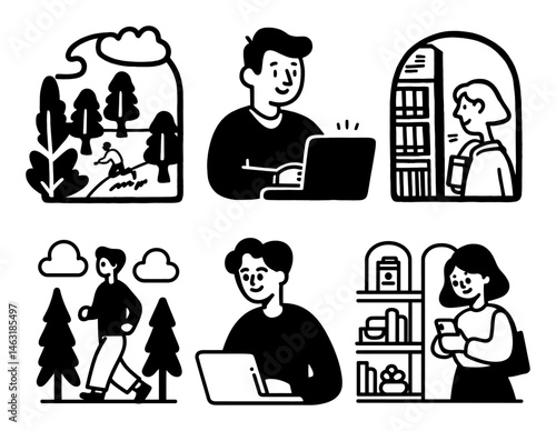 Creative Doodle Illustrations of People and Nature in Black and White