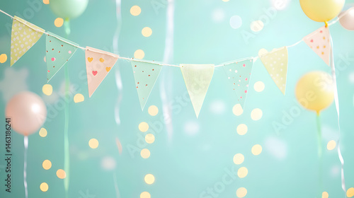 Pastel birthday celebration with confetti and balloons mint green party background festive atmosphere