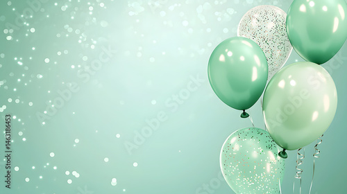 Pastel birthday celebration with confetti and balloons festive party background mint green atmosphere
