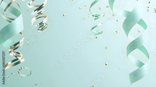 Mint green pastel celebration birthday background with confetti and balloons for party events