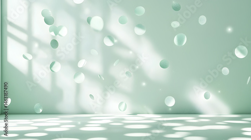 Pastel birthday celebration with confetti and balloons mint green party background festive environment cheerful viewpoint