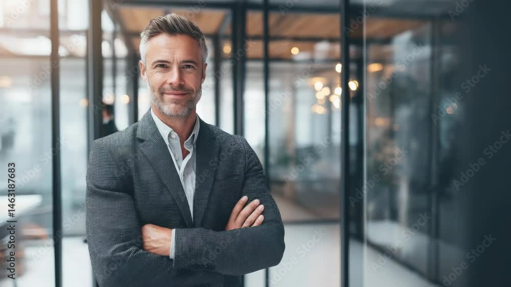 Confident Man in Business Attire with Arms Crossed in Modern Office Environment Confident Man in Business Attire with Arms Crossed in Modern Office Environment