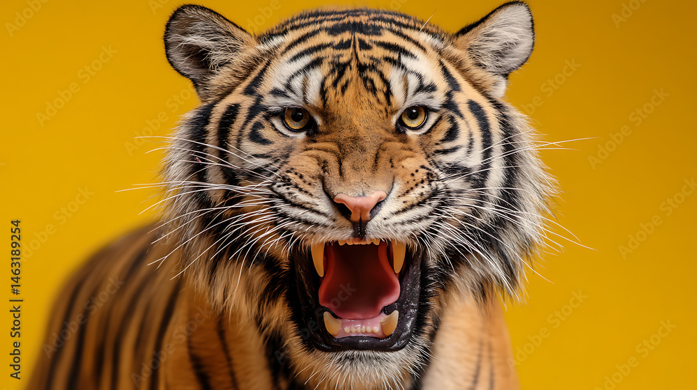 Obraz premium Majestic tiger roaring against a vibrant yellow background, showcasing its fierce beauty and power