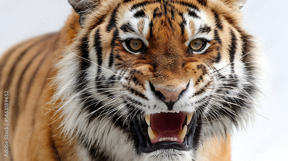 Fototapeta premium Majestic tiger roaring fiercely against a white background, showcasing its powerful presence
