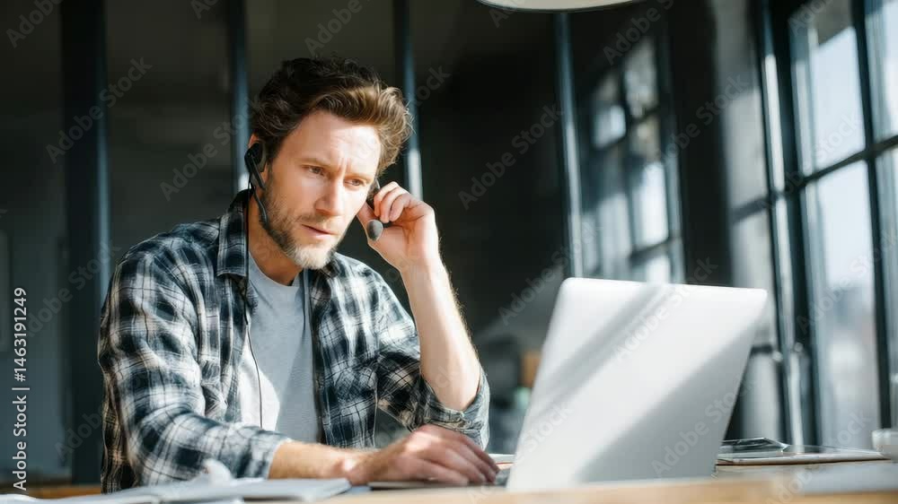 Focused Young Man Using Headset While Working on Laptop in Bright Modern Office Space Focused Young Man Using Headset While Working on Laptop in Bright Modern Office Space