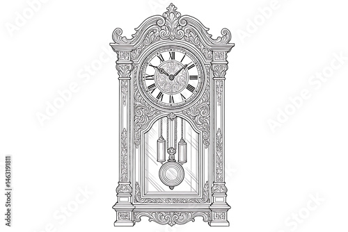 Detailed Vintage Grandfather Clock Coloring Page - Antique Interior Object Line Art for Adults