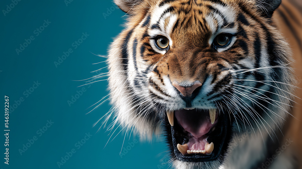 Fototapeta premium Close-up of a roaring tiger showcasing fierce expression against a vibrant blue backdrop