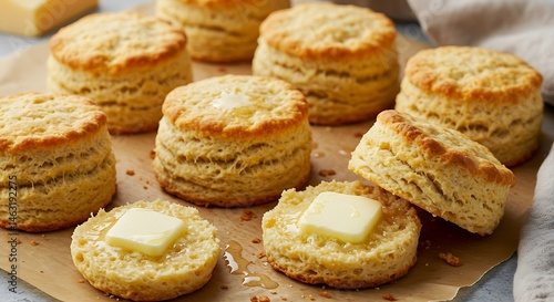 Flaky cheddar and almond flour biscuits fresh from the oven, butter melting on top. Rustic linen napkin, brunch setting