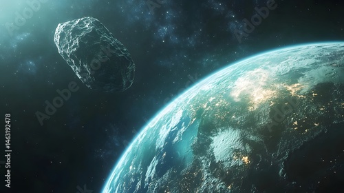 Asteroid Passing by Earth: A large asteroid passing dangerously close to Earth, with the planet’s blue and green hues visible in the background. 
