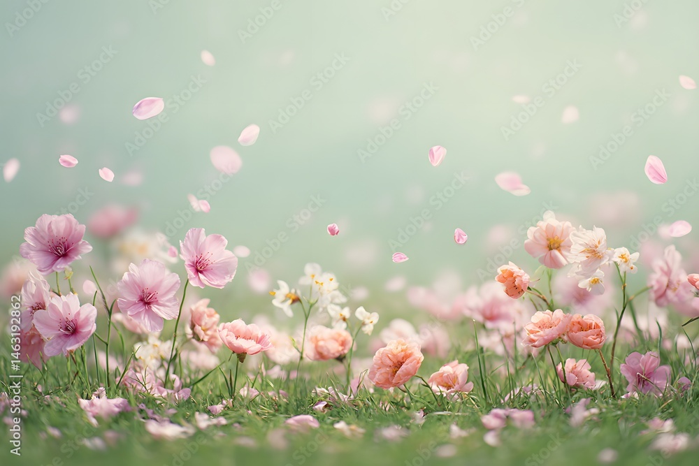 Obraz premium Floral Meadow Dream: Pastel pink and peach blossoms dance in a gentle breeze, their petals scattering across a vibrant green meadow.