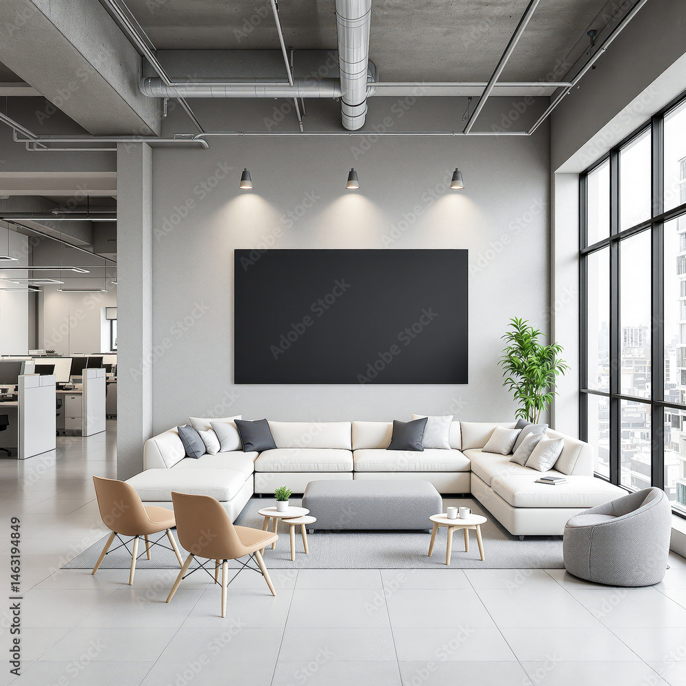 A modern office space features a large gray sectional sofa with a blank frame on the wall. A modern office space features a large gray sectional sofa with a blank frame on the wall.