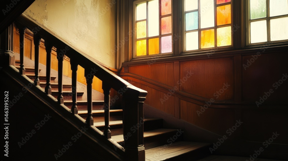 Obraz premium Old wooden staircase, stained glass window, interior, sunlight