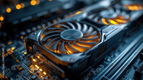 Close-up of a high-performance graphics card with cooling fans on a motherboard.  The intricate circuitry and cooling system are clearly visible