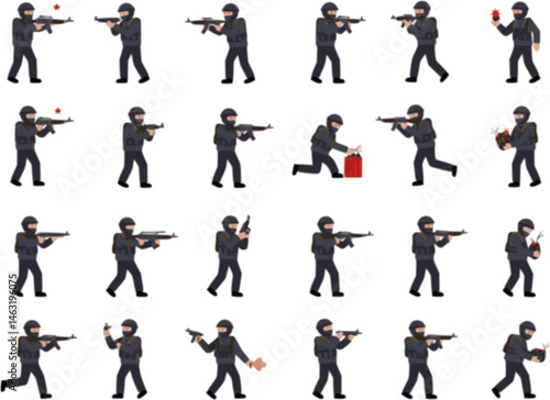 set of terrorist with gun ,vector illustration, flat style
