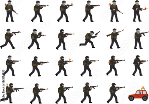 set of terrorist with gun ,vector illustration, flat style
