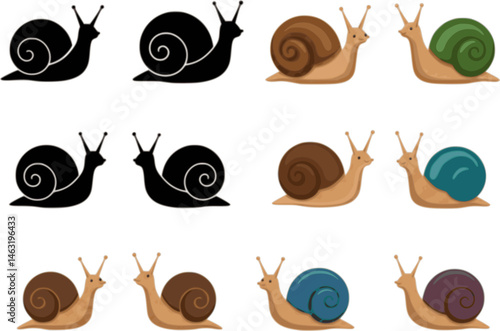set of snail vector illustration flat style black silhouette
