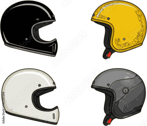 set of set of classic helmet motorcyclist, vector illustration. flat style