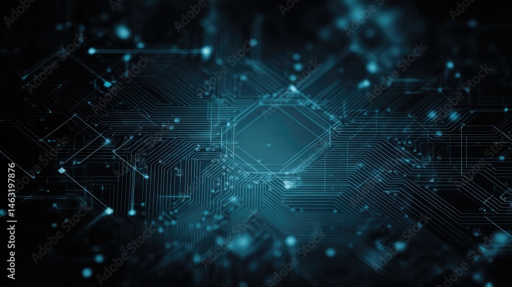 Obraz premium Abstract digital circuit design with glowing elements, representing technology and data flow.